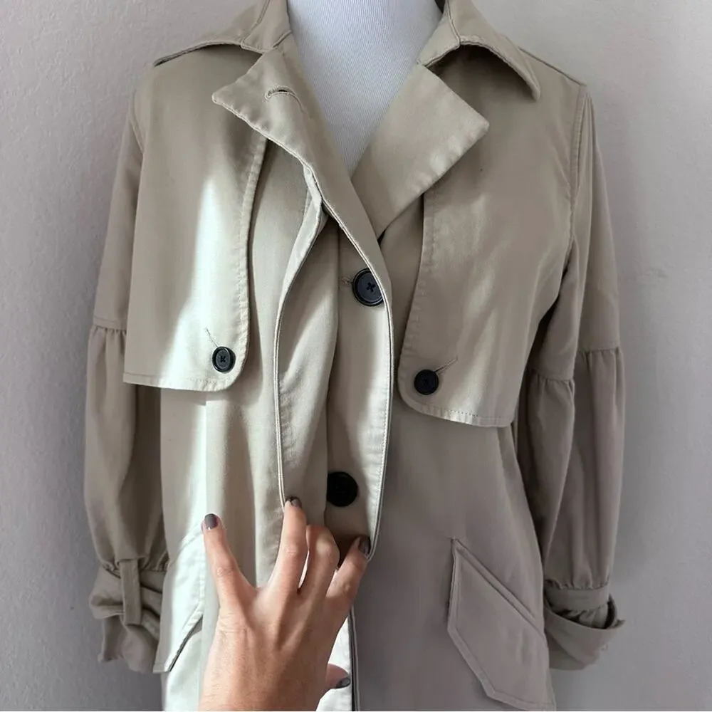 Joie Puff Sleeve Cotton Trench Coat Jacket Classic Beige Long Button-Front - Picture 3 of 14